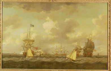 Englische Schiffe kommen bei frischer Brise vor Anker